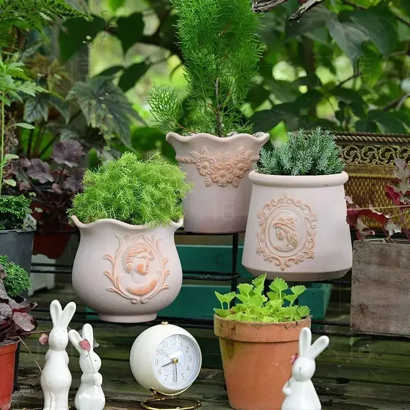 Pink Pottery Clay Flower Pot Green Plant Planting Garden Originality Courtyard Decorate Breathable Drainage Vases