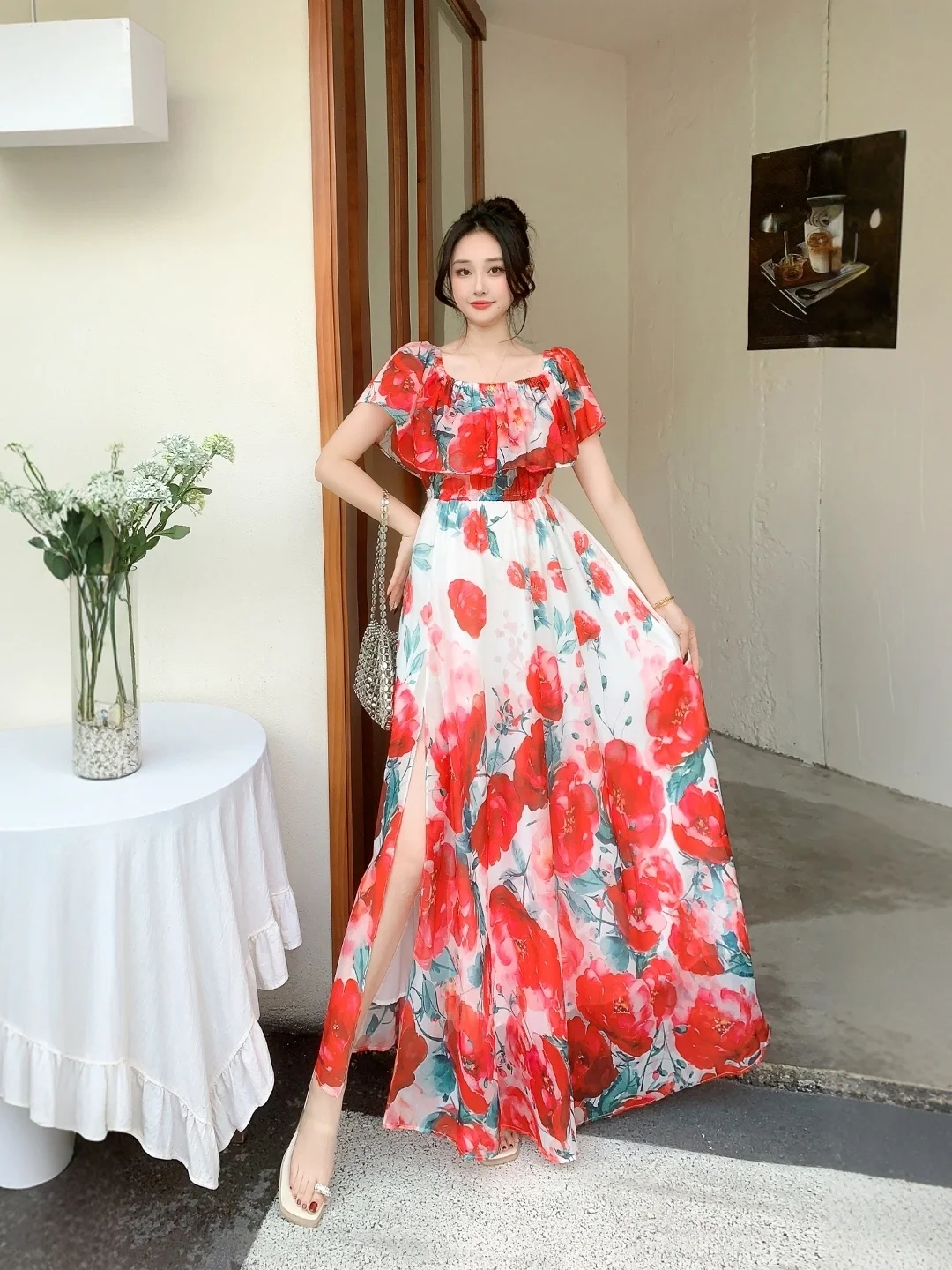 Beach Vacation Style Women's Long Floral Print Dress Halter Neck Gathered Waist Split Side Large Swing LQ634 Summer 2026