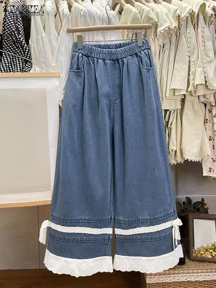 

ZANZEA Women Lace Patchwork Fashion Pants 2025 Elegant Elastic Waist Long Trousers Casual Loose Pockets Vintage Wide Leg Pants