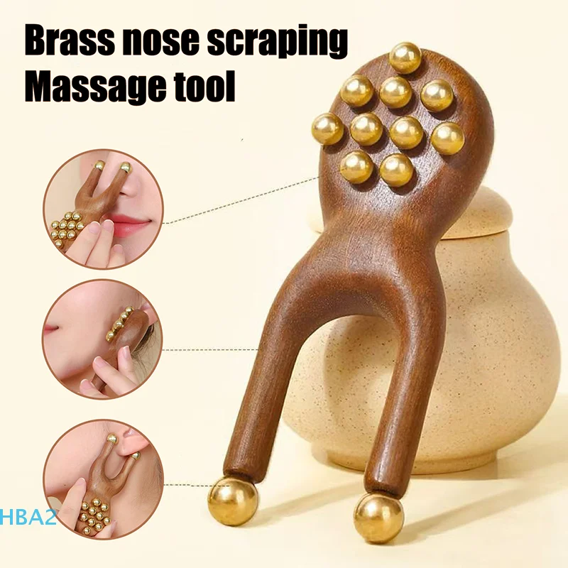 

【H】Wooden Nose Guasha Massage Tool Brass Bead Handheld Comb Antistatic For Face Nose Eye Relaxation Spot Meridians Acupoint