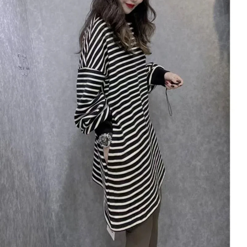 Vintage Striped Plus Size T Shirts Spring Autumn New Long Sleeve Loose Youth Fashion Mid-length Tops Tees Casual Women Clothing