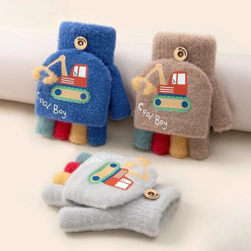 

Зимние перчатки с героями мультфильмов для экскаваторов, вязаные шерстяные перчатки с половиной пальца, холодные теплые детские перчатки