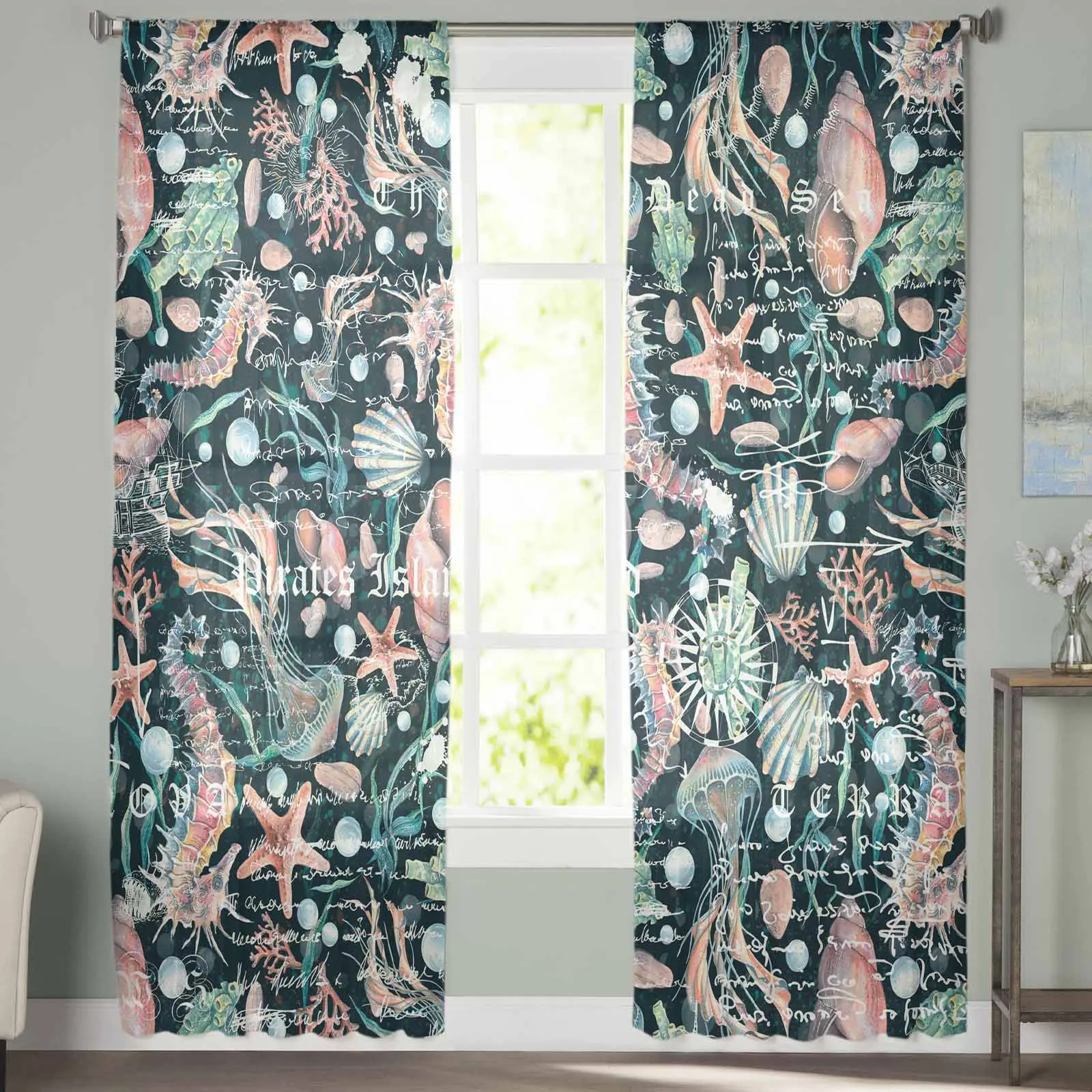 Summer Ocean Seahorse Starfish Triangle Tulle Sheer Curtains For Living Room Kitchen Children Bedroom Voile Hanging Curtain