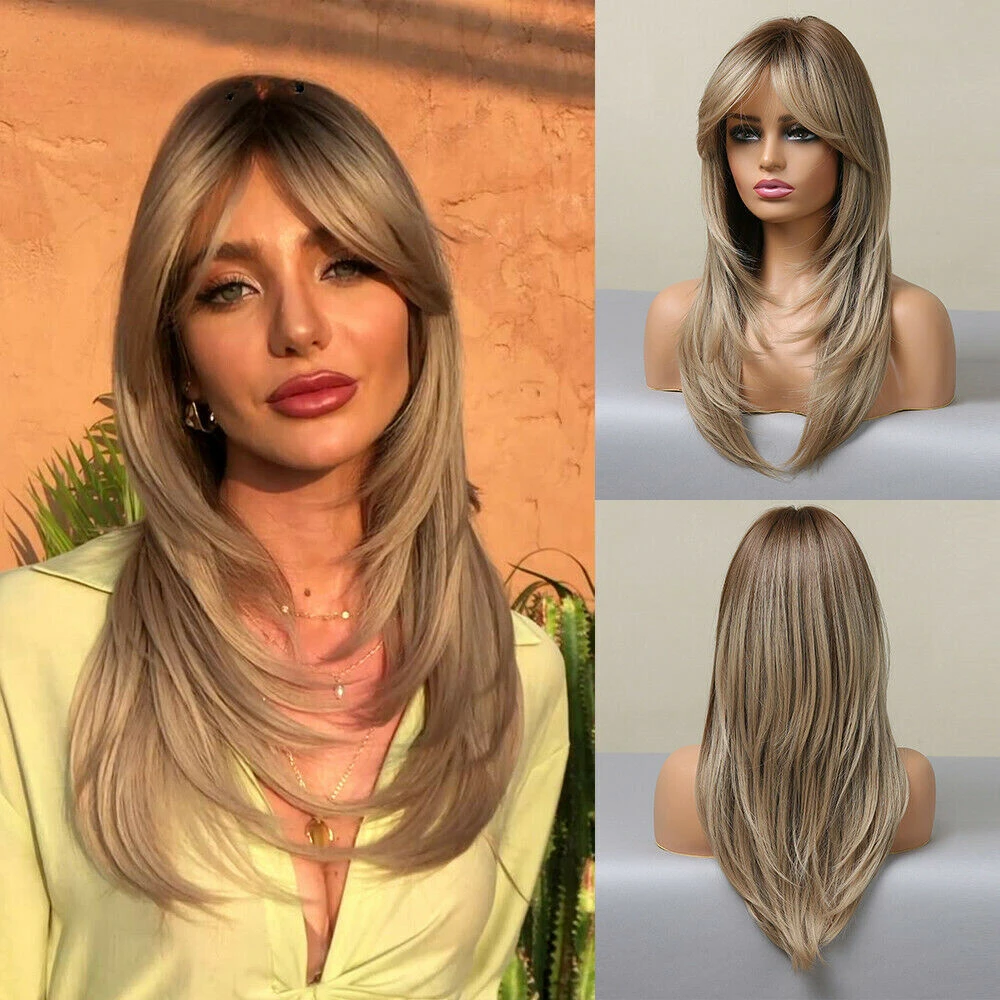 

Natural Straight Layered Hair Wigs With Long Bangs for Women Brown Blonde Wig Synthetic