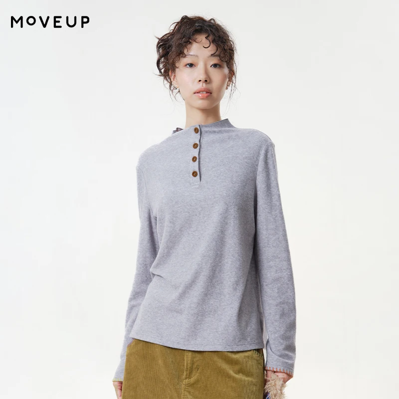 MOVEUP Women's Mock Neck Long‑Sleeve T‑Shirt 2026 Autumn Half Placket Button Design Tees Casual Commuter Knitted Tops 3ELQ10574