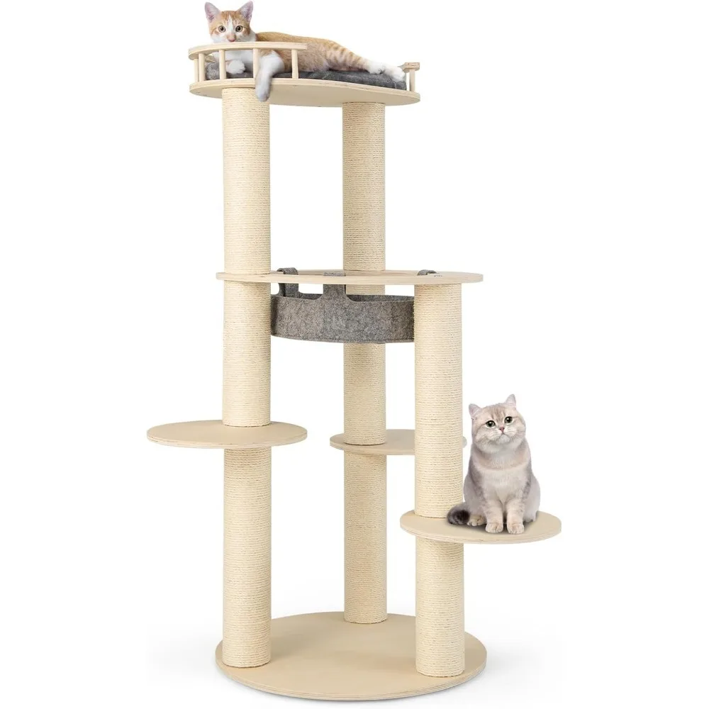 

59-inch tall cat tree tower, multi-level with sisal scratching posts, non-woven cat hammocks,top perches and 3 jumping platforms