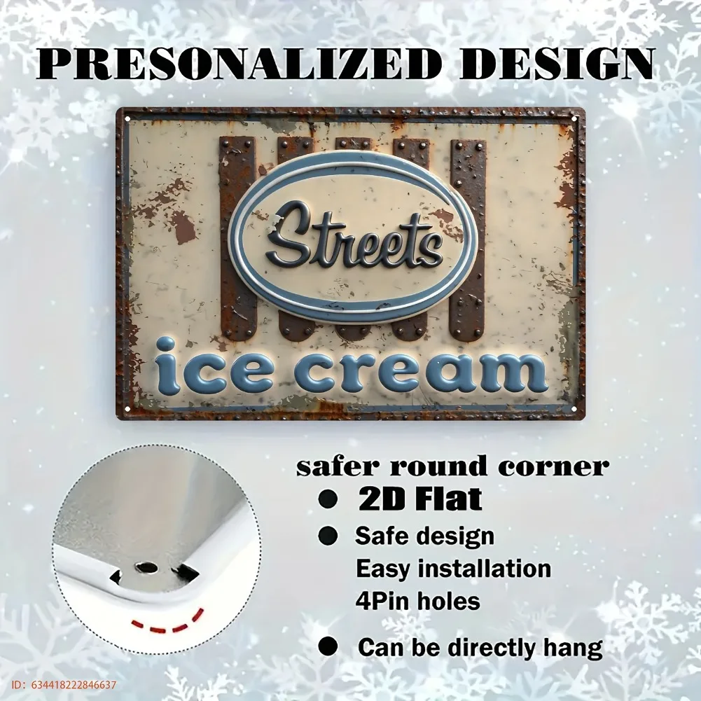 لافتة مسطحة ثنائية الأبعاد، قطعة واحدة من لافتة صالون الآيس كريم العتيقة - لوحة معدنية على طراز عشاء 50s/60s مع حروف فيروزية - حديد عالي التحمل