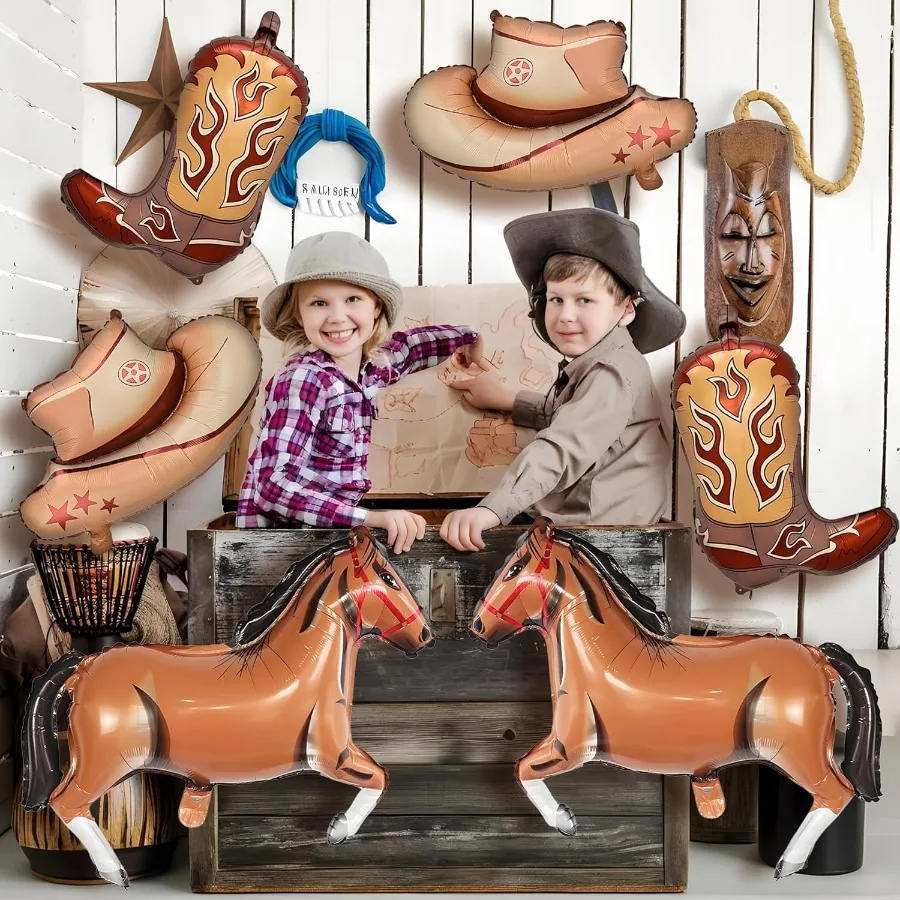 6개 서부 테마 파티 풍선 대형 카우걸 모자 부츠 호우 포일 풍선 카우보이 생일 파티 장식 (원시 서부 테마)