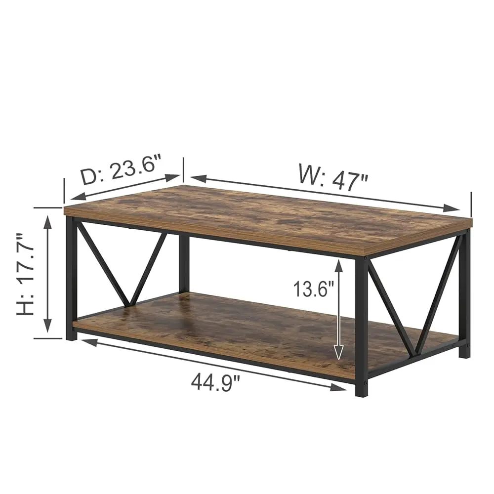 Modern Coffee Table, Rustic Wood And Metal Living Room Table With Storage Shelf, Industrial Rec Center Table, 47 H
