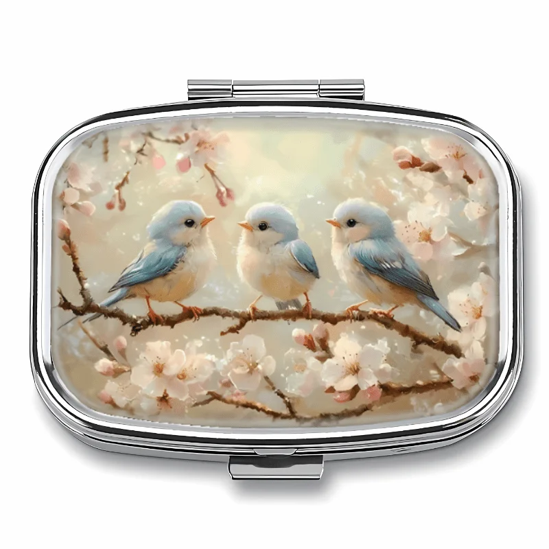 Two Styles and Capacities Available: Rectangular and Round Portable Decorative Boxes, with Options for 2 or 3 Compartments. Compact Metal Pill Box Decorated with Bird and Cherry Blossom Designs. Portable Decorative Vitamin Storage Box, a Unique Gift.
