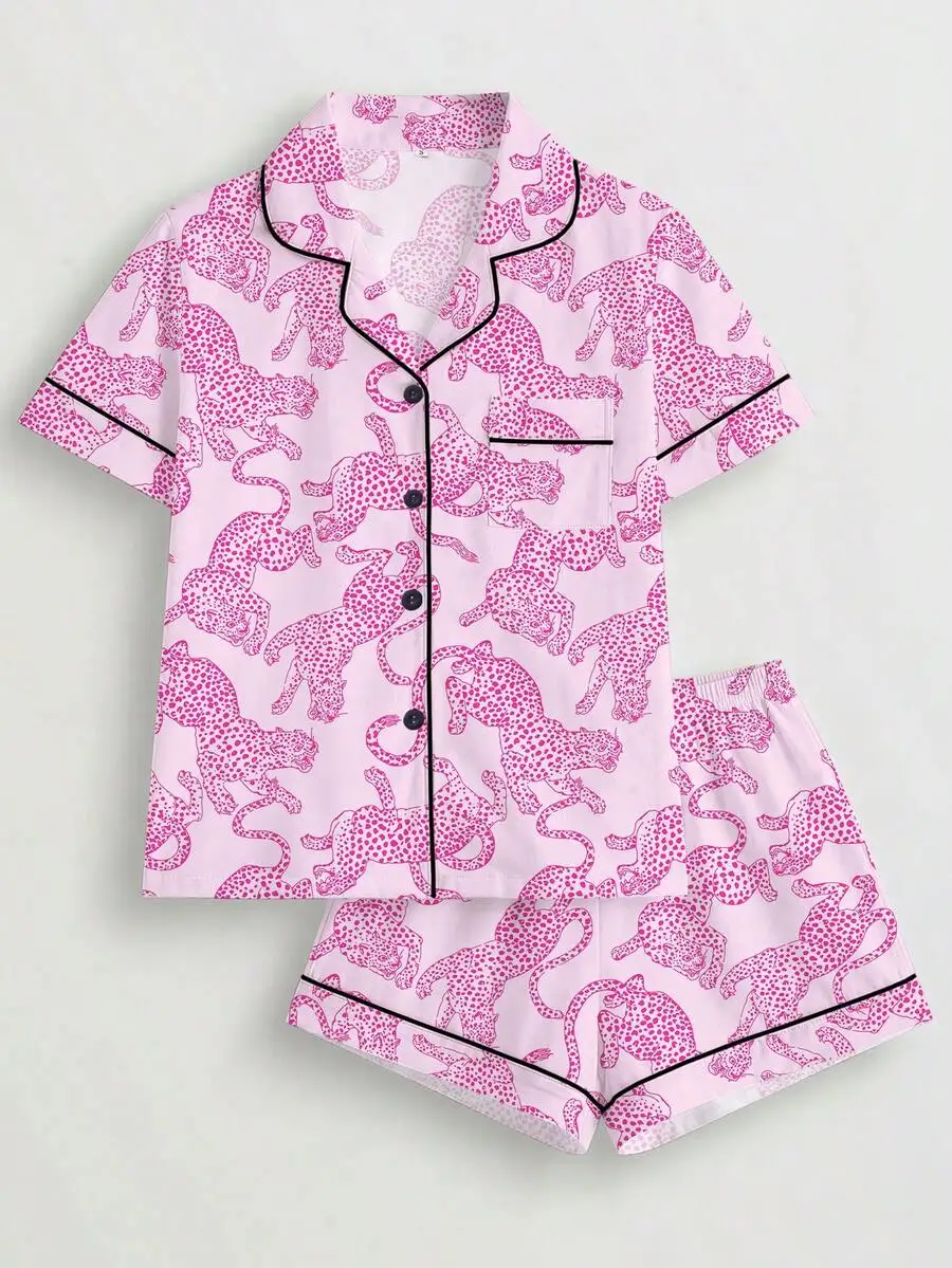 

Pink Leopard Print Women's Pajama Set with Lapel Collar and Elastic Waist Shorts