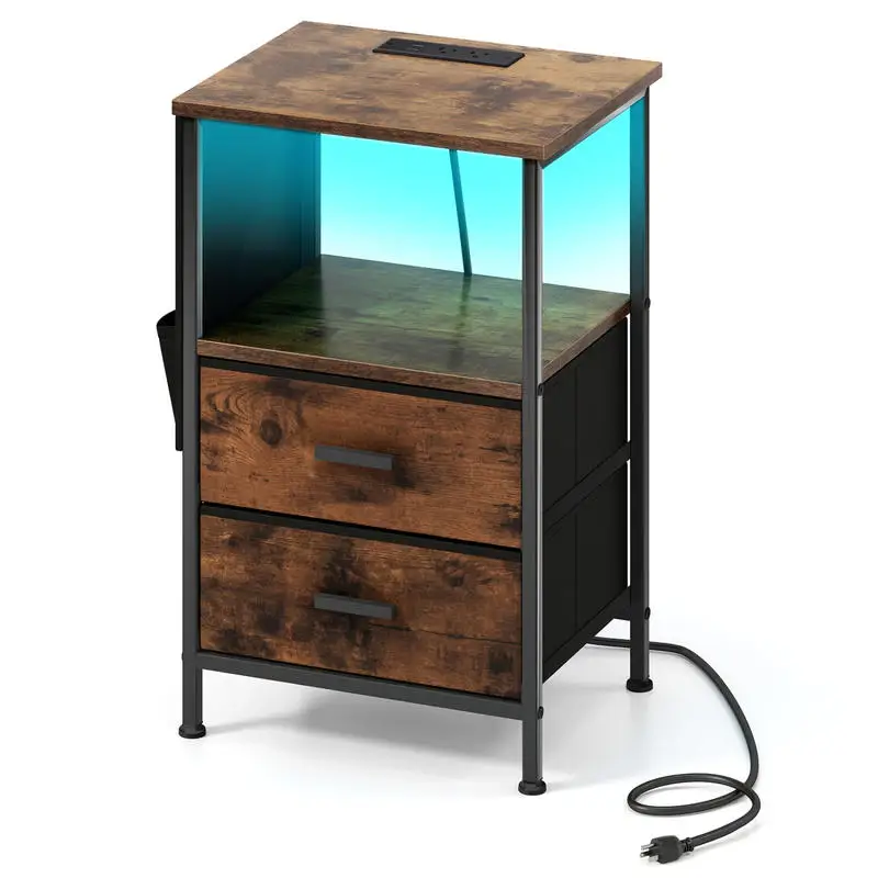 

End Table with Charging Station Set of 1 Nightstand with 2 Folding Fabric Drawers