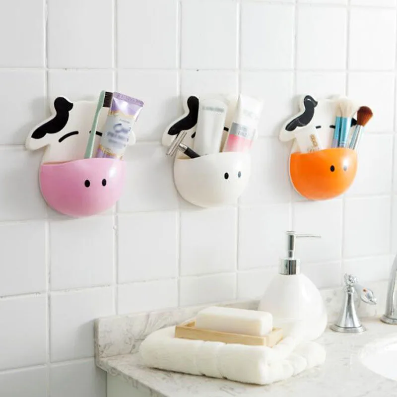 Cute Cow Toothbrush Holder Bathroom Kitchen Family Toothbrush Suction Cups Holder Wall Stand Hook Cups Storage Organizer Shelf