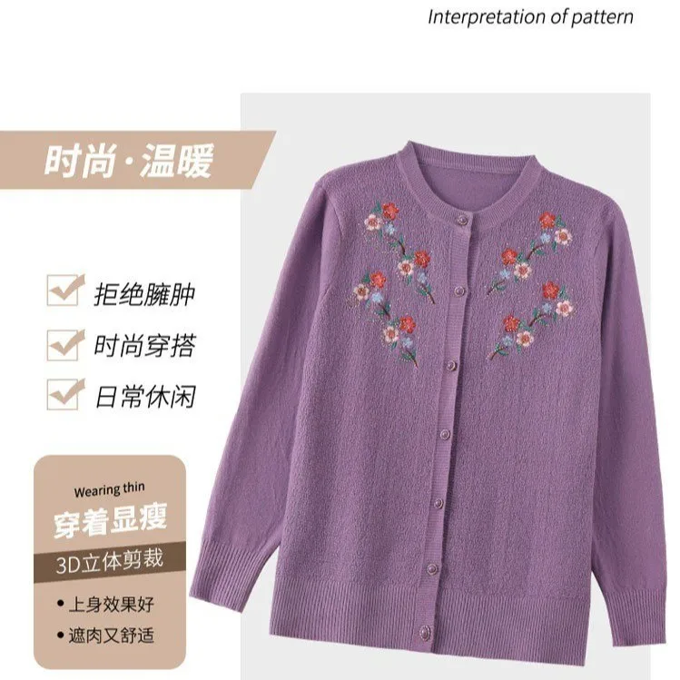 New Middle-aged Mother Knitting Sweaters Autumn O-Neck Embroidered Pullovers Sweater Women Elegant Knitted Jumper Mujer Top