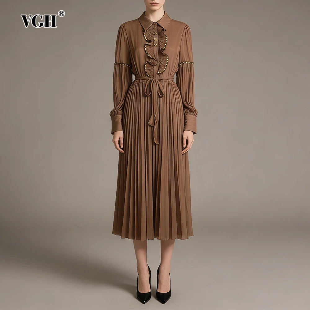 

VGH современное офисное платье миди с металлическими заклепками и украшением для женщин, плиссированные шикарные платья с длинными рукавами и лацканами, с оборками, женские новые