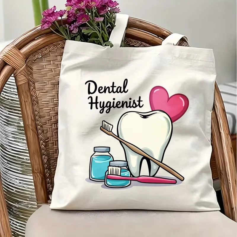 Cute Line Art Smiling Teeth Smile Sign Print Canvas Tote Bag Reusable Shoulder Handbag Dentist Dental Assistant Daily Bag