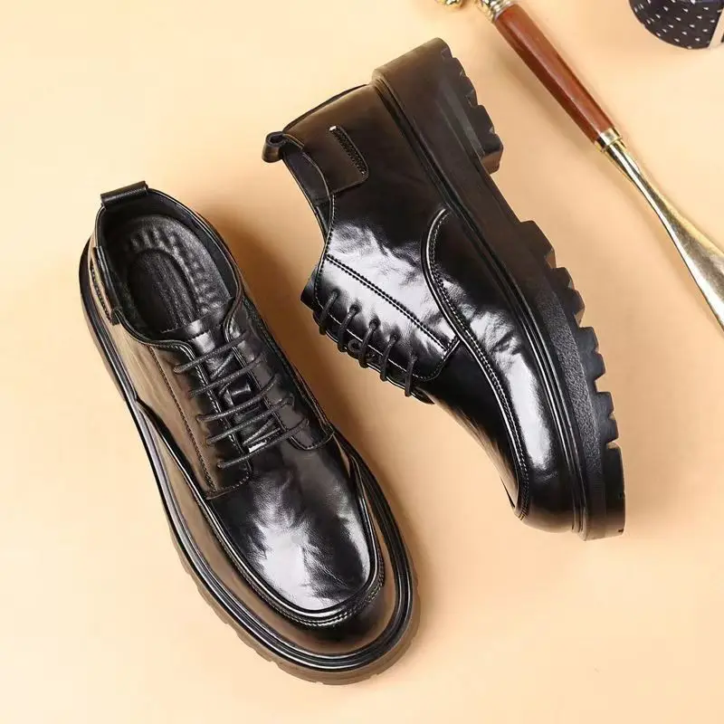

Round Toe Height Increasing Thick Sole Black Leather Shoes for Men Low Price High Quality Social Fashion New in Man Casual Shoe