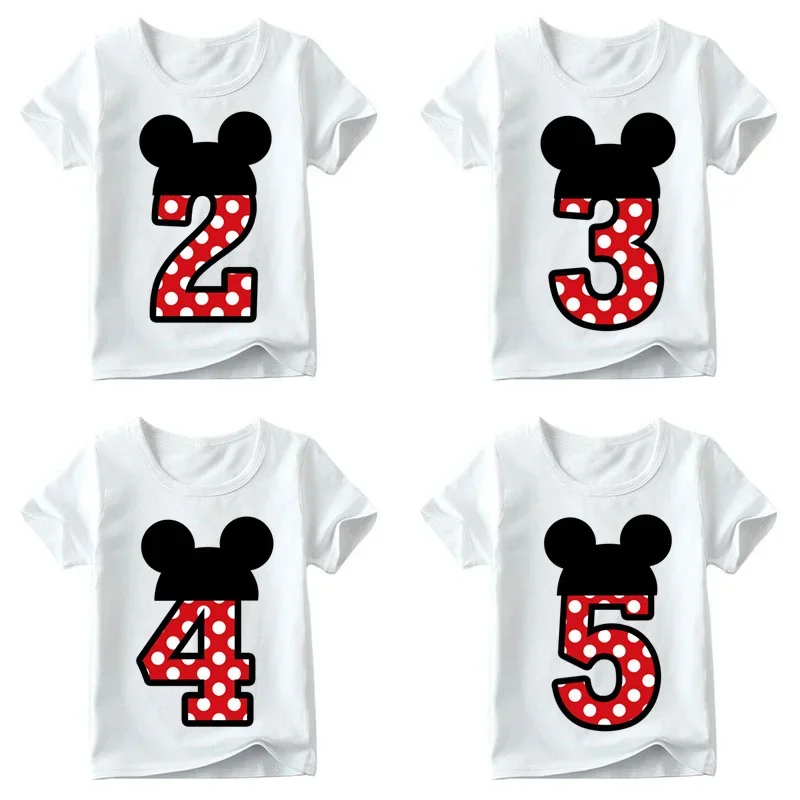 Funny T-shirt for Mickey Minnie Print Baby Boys/girls Happy Birthday Bow T-shirts Number 1-9 Children Cute Print Kids Clothes