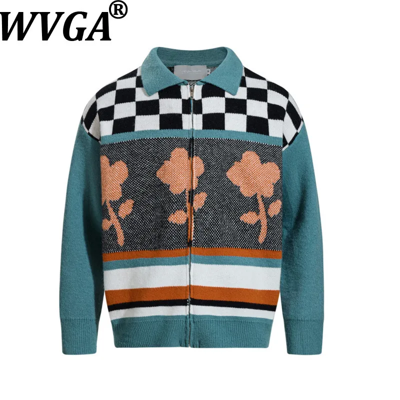

WVGA Spring Autumn New Man Plaid Jacquard Trendy Knit Sweater Jackets Niche Chic Casual Long Sleeve Zipper Cardigan Coats W13931