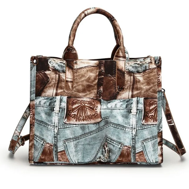 European American Personality Painted Imitation Jeans Handbag Large-capacity Fashion Commuting Out Tote Shoulder Messenger Bag