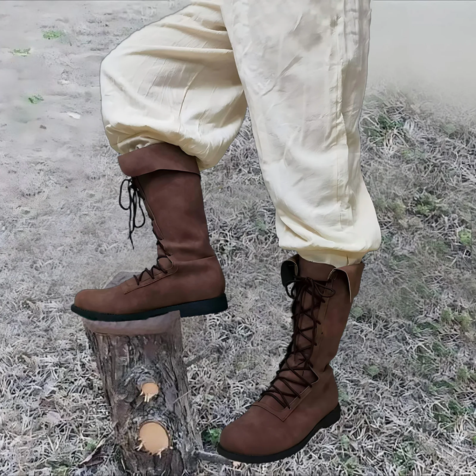 Herren Retro Mittelalterliche Renaissance-Stiefel Ritter Piraten Cosplay Schuhe PU-Leder Flache Halbhohe Stiefel für Halloween Rollenspiel Party Kriegerstiefel – Detail 1