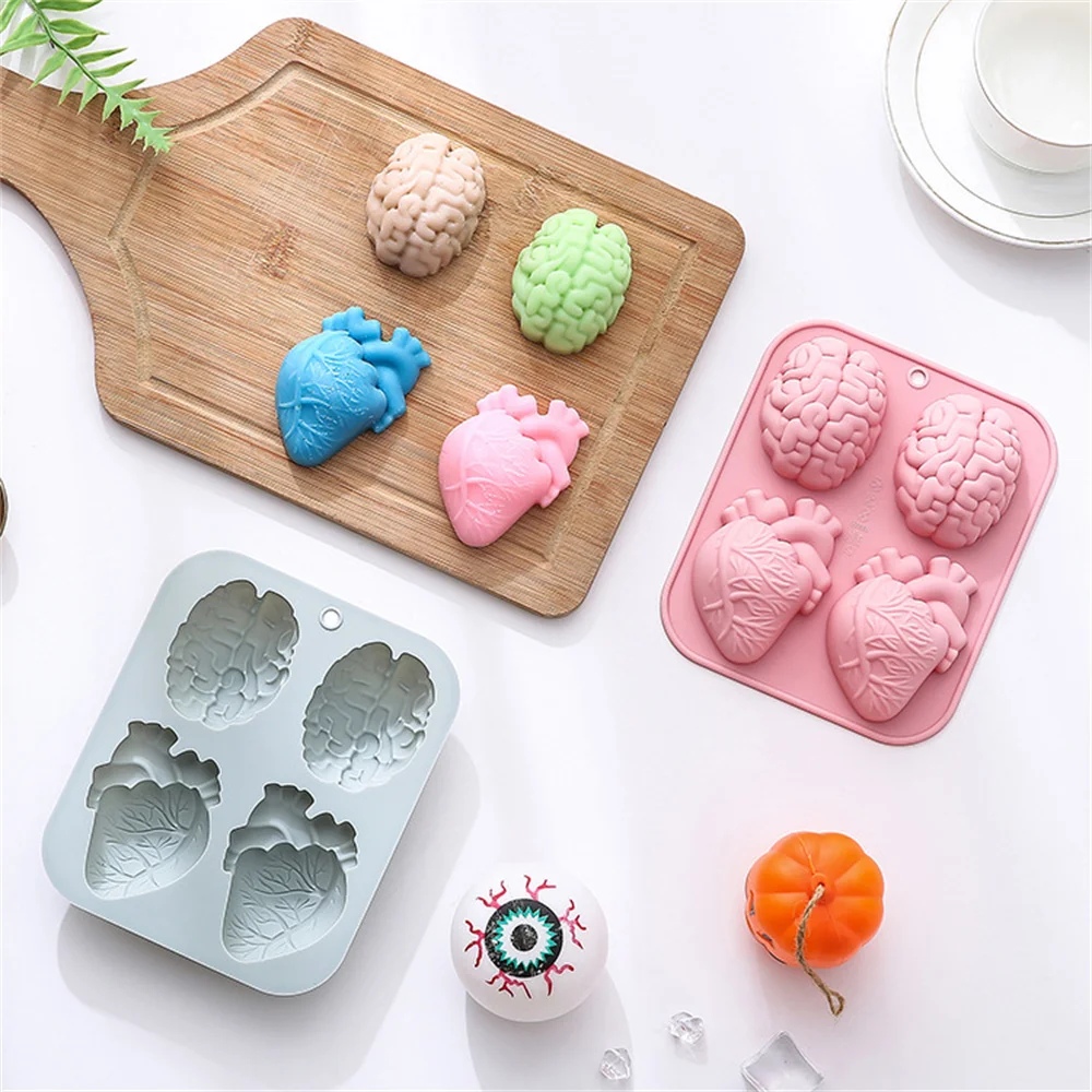 Human Heart Brain Silicone Molds 4 Cavity 3D Organ Shapes DIY Handmade Silicone Fondant Cake Soap Mold Tray Muffin Baking Tools