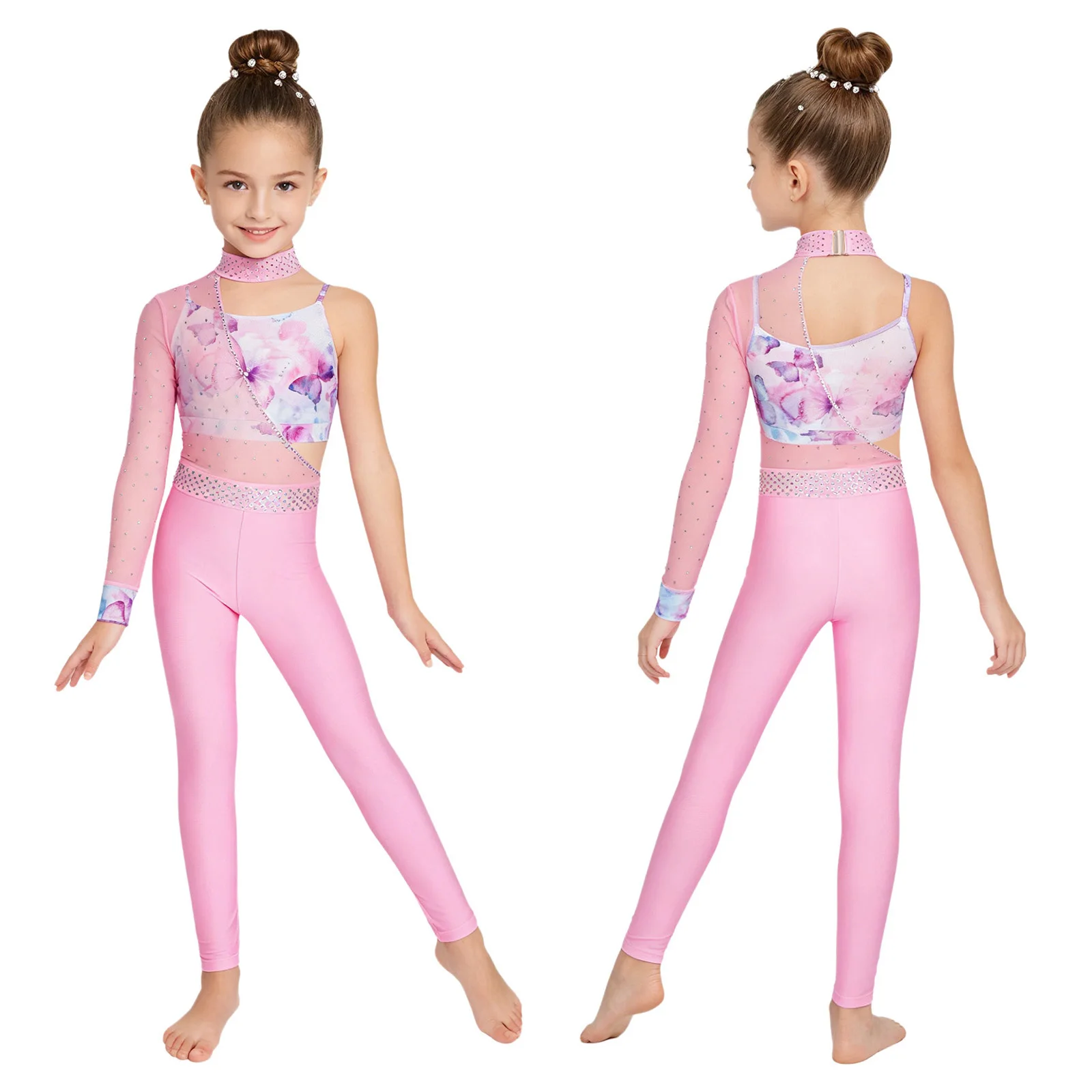 

Girls Figure Skating Dance Jumpsuit Rhinestone Mesh Dance Stretchy Breathable for Gymnastics Stage Competition Performance