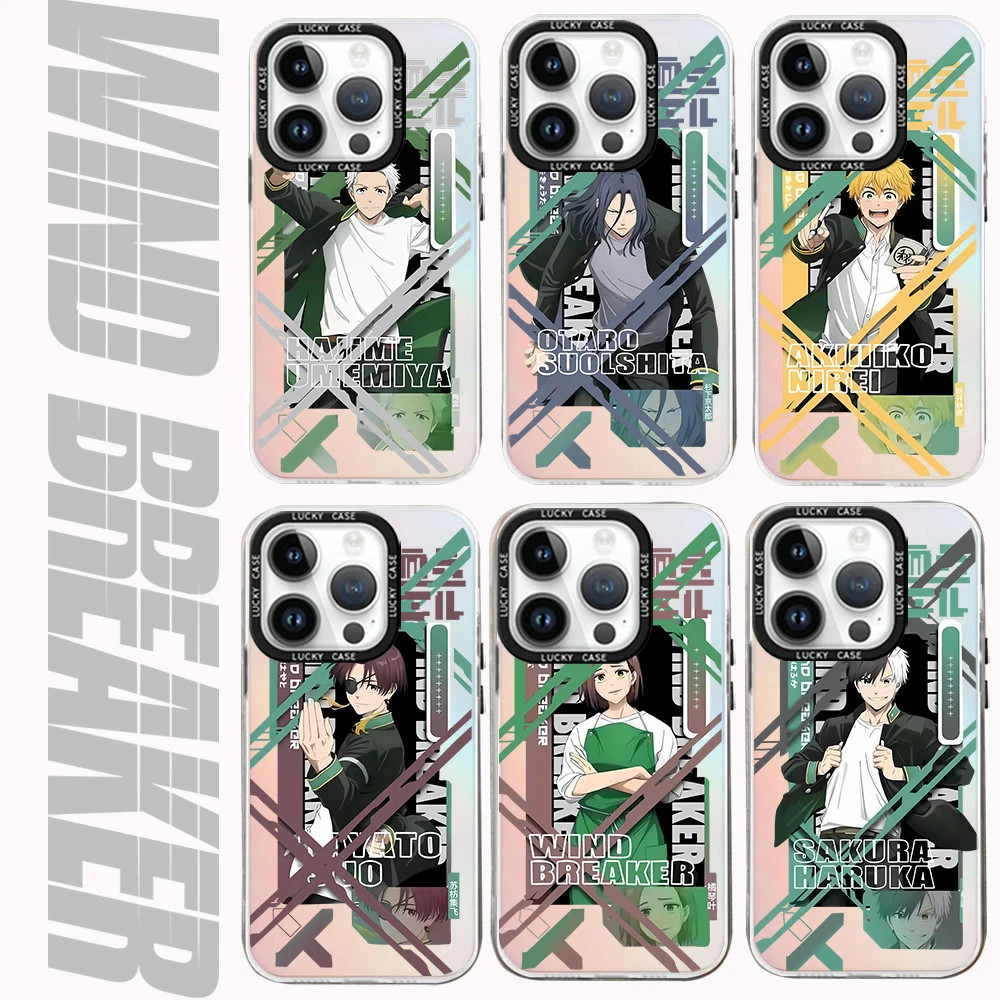 Casing ponsel Anime pemutus angin, penutup mewah gradien Laser Aurora Matte untuk IPhone 15 14 13 12 11 Pro Max X XR XSMax 7 8 Plus