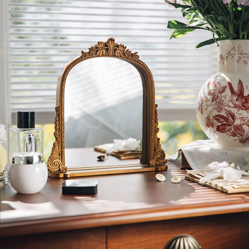 Vintage Gold Vanity Mirror Dual-Use Desktop Makeup Mirror with Metal Frame Antique Dressing Table Organizer for Bedroom Decor