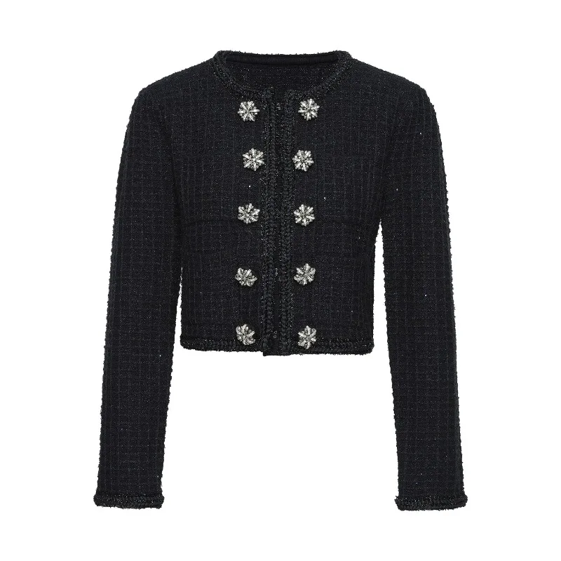 Celebrity light luxury small fragrant style double-breasted diamond ornament round neck short jacket + skirt set