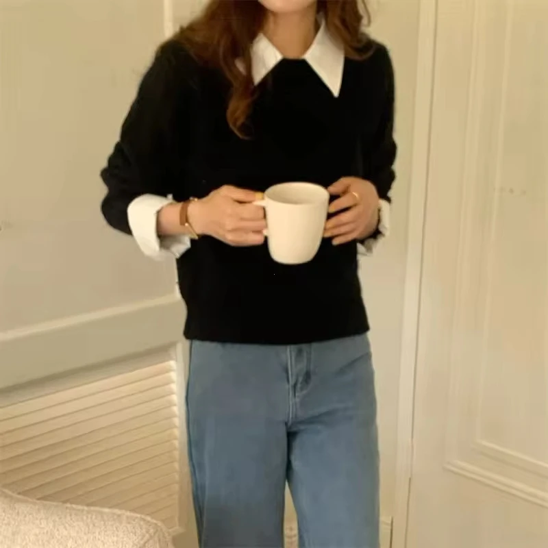 

2024 New Patchwork Shirt Collar Knit Sweater Autumn and Winter Bottoming Shirt Temperament Two Pieces Top Pullover