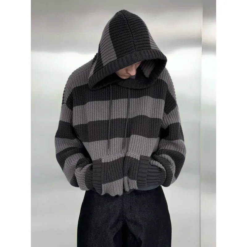 Moletom de malha listrado preto cinza unissex, suéter de streetwear Y2K, casual, pulôver de textura solta com capuz