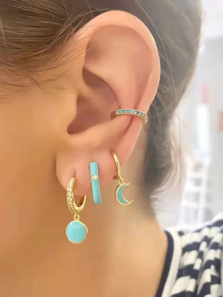 Simple Cute Pink/Purple/Yellow/Blue Color Enamel Heart Round Shaped CZ Hoop Earrings for Women INS Korean Style Jewelry
