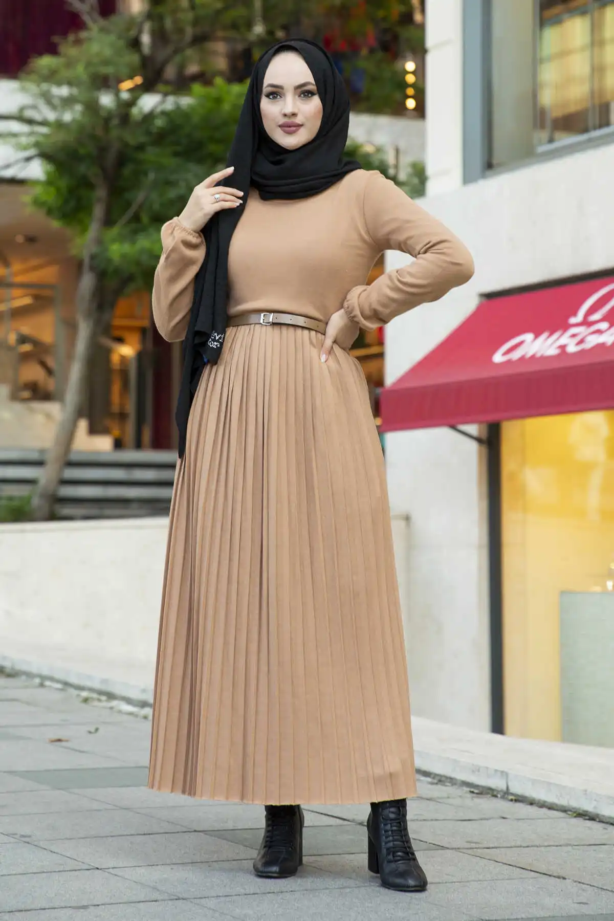 ; Pleats Knitwear Hijab Dress Camel Winter Autumn 2021 Muslim Women Hijab headscarf islamic Turkey