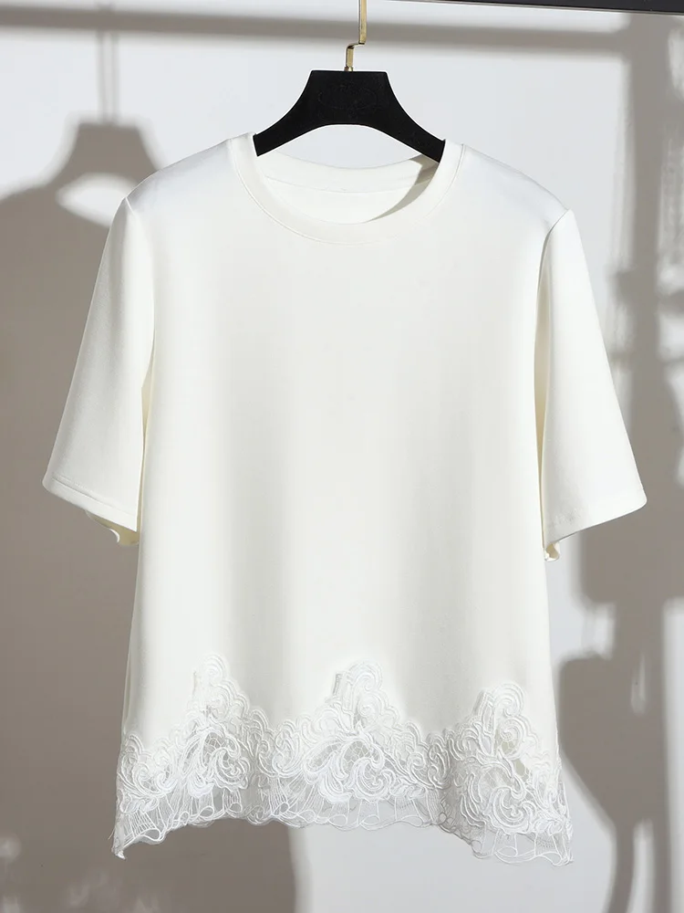 

Круглая футболка Ne ort Sve с кружевом, женская летняя новая утягивающая универсальная основа irt Top Ele Commute Sle Loos...