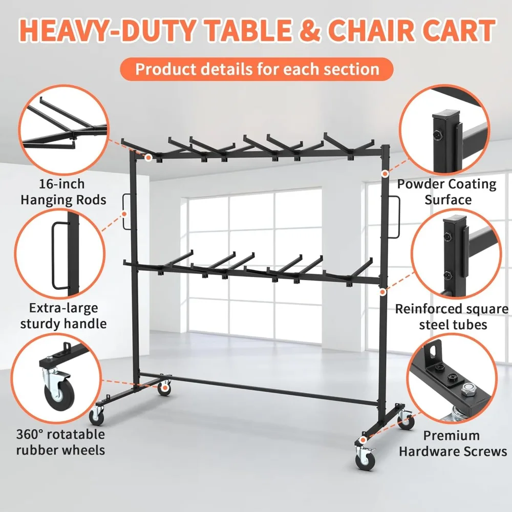 كرسي وطاولة قابلة للطي من الفولاذ شديد التحمل بسعة 600 رطل، تحمل 42 كرسيًا أو 12 طاولة، دوللي متنقل #4