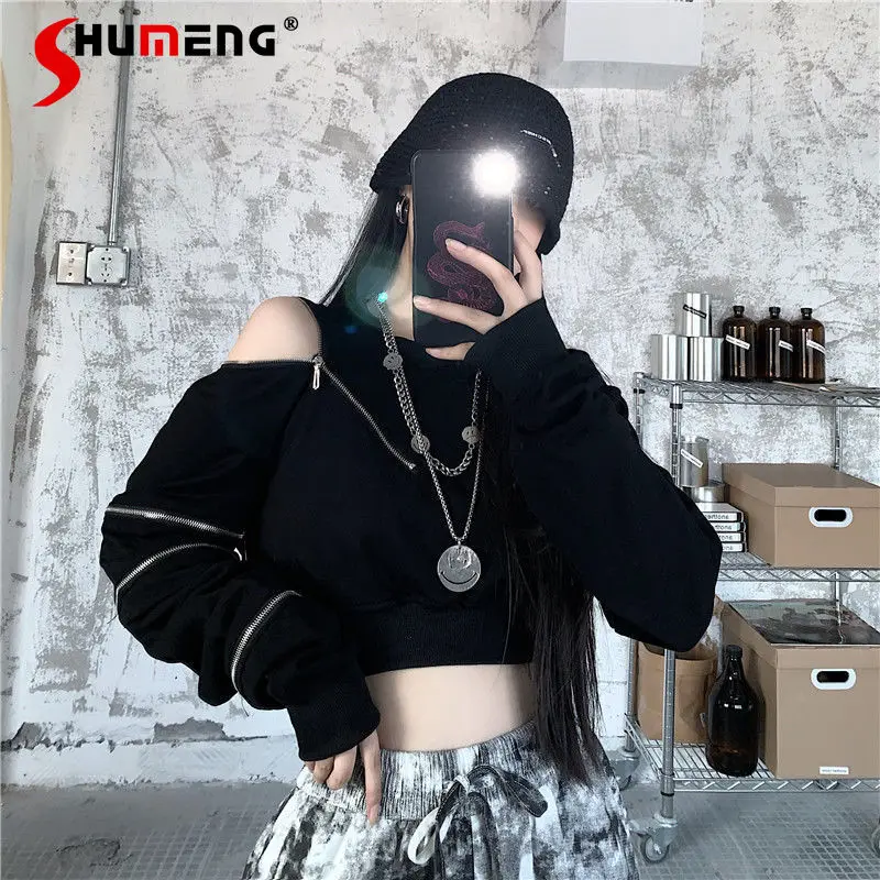 

Hot Girl Streetwear Fashion Dark Short Hoodies Women 2024 Autumn New Korean Harajuku Long Sleeve Off-Shoulder Top Sweatshirts