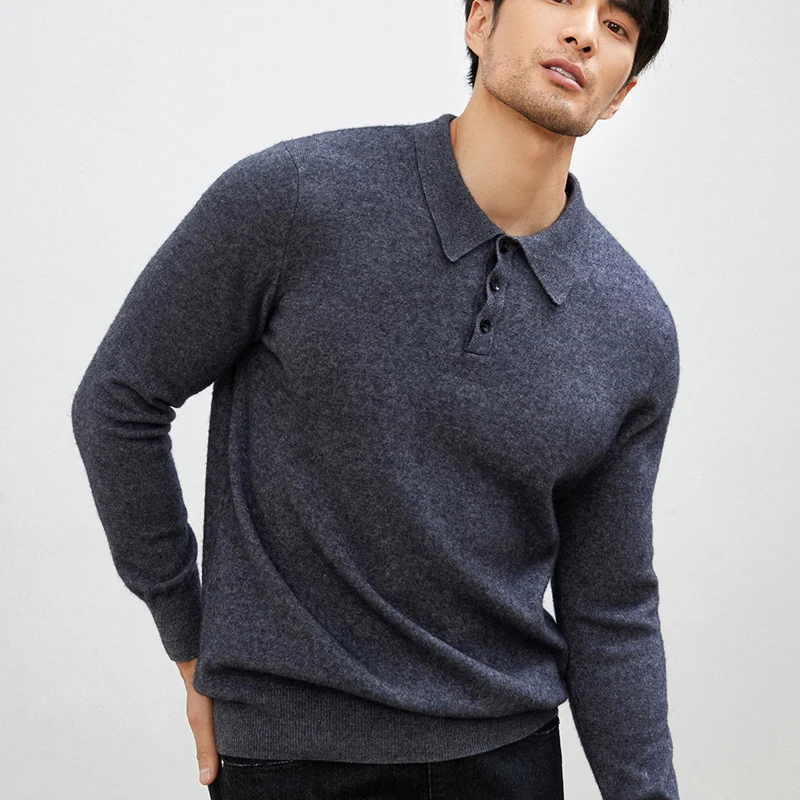 Nuevo 100% suéter de cachemira pura para hombre, jersey de manga larga con cuello tipo Polo, suéter de cachemira informal de negocios con parte inferior de punto a la moda.