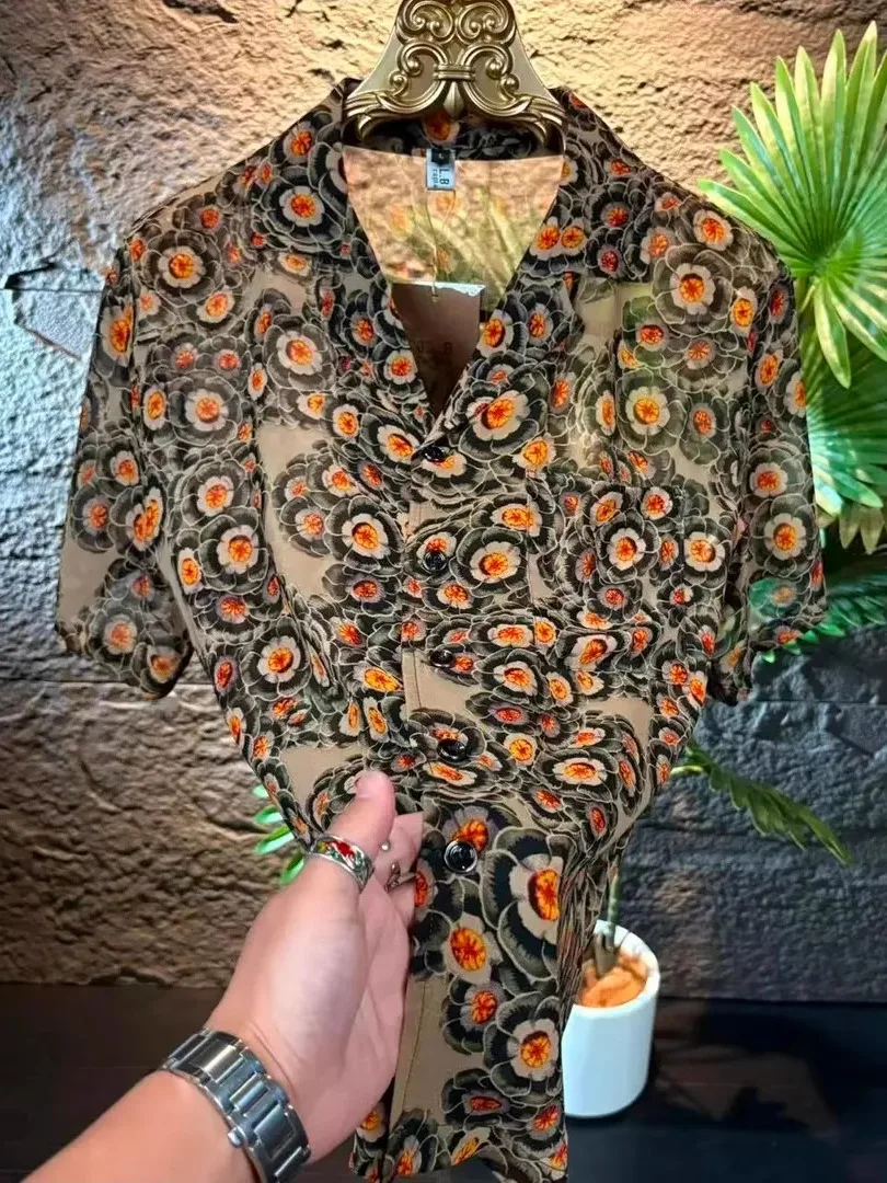 

Летняя мужская рубашка с цветочным принтом, повседневная, с коротким рукавом, кубинским воротником, удобная, модная, деловая, в европейском стиле