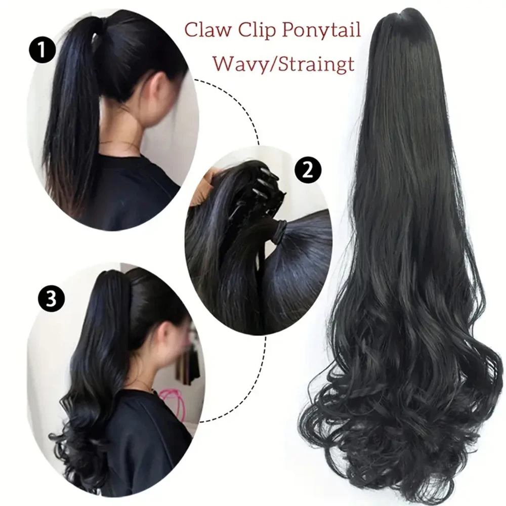 22Inch Body Wave Lange Paardenstaart Klauw Clip In Haar Verlenging Pruiken Synthetische Krullenverlenging Pigtails Voor Vrouwen Nep Haar Accessoire