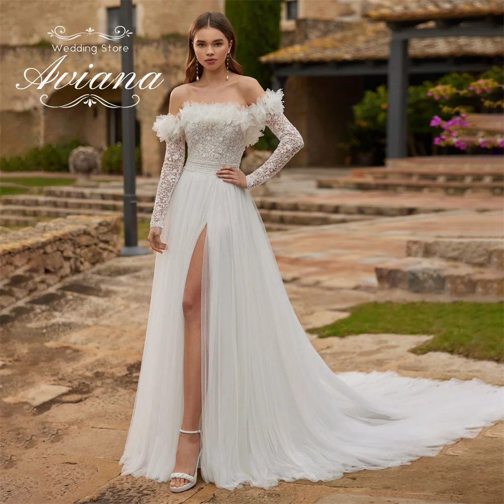 

Aviana индивидуальное свадебное платье трапециевидной формы с открытыми плечами и длинными рукавами, со шлейфом и высоким разрезом по бокам, кружево с цветочной вышивкой и аппликациями