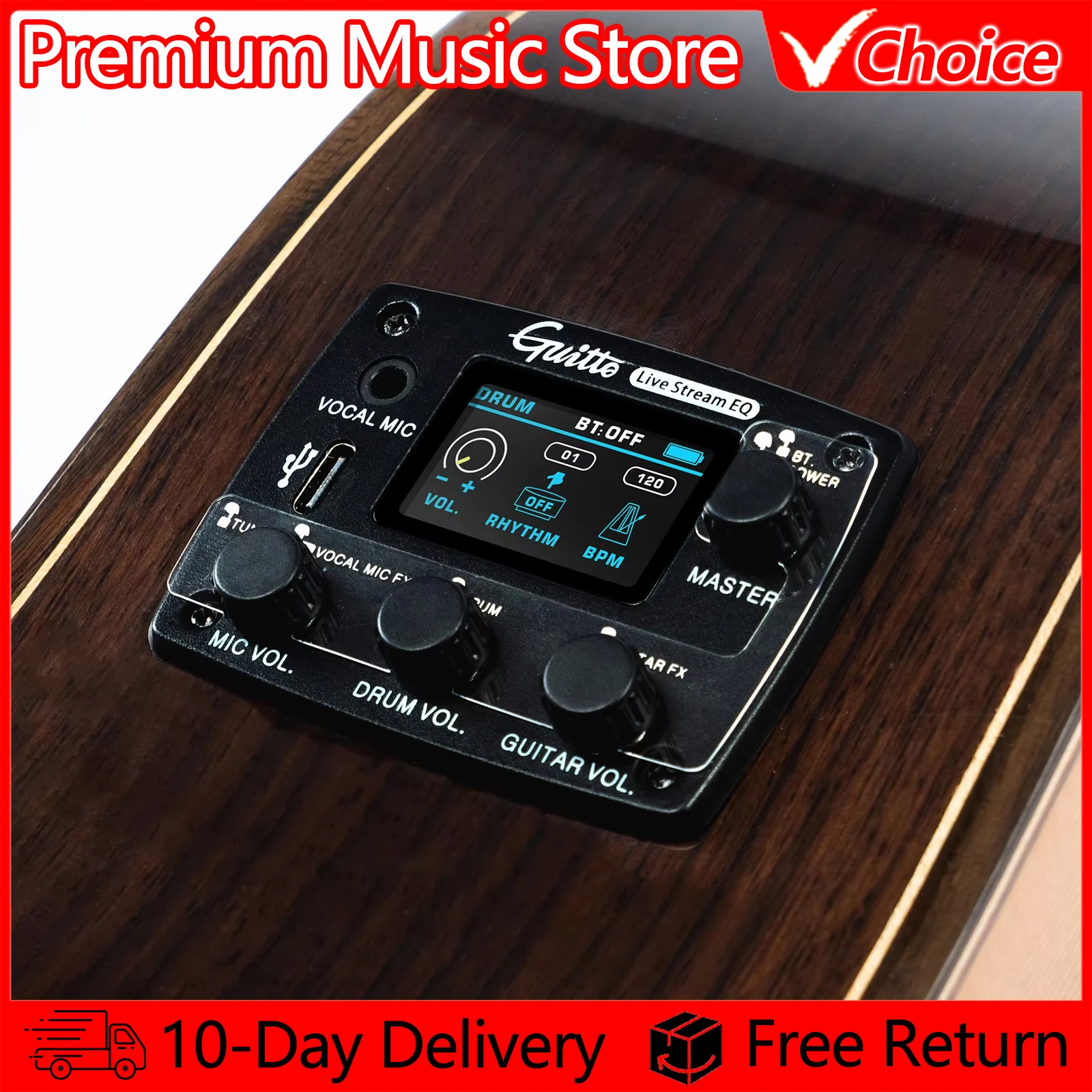 Guitto Acoustic Guitar Pickup Multifunctional Vibration Pickup GGP-05 For Live Streaming Digital Live Stream EQ with Microphone