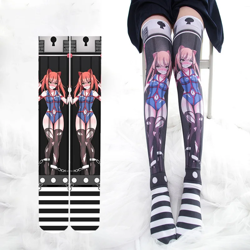 Horror Cross Printed Lolita Socks For Women Punk Anime Girl Cosplay Velvet Over Knee Sock Thigh High Halloween Stockings