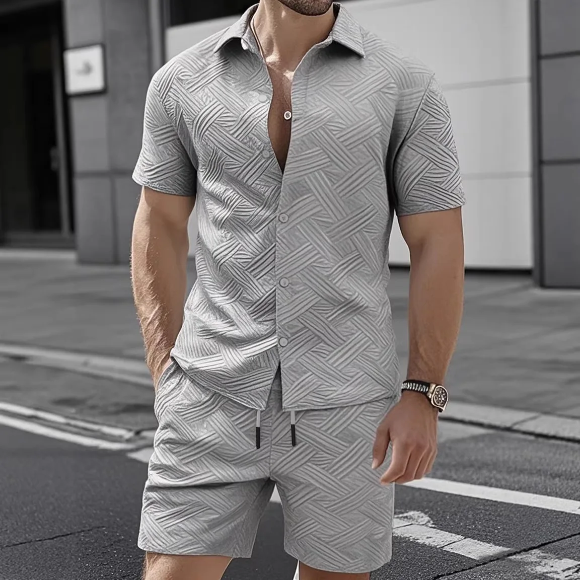 

New New Summer Men's Suit Set - Summer Solid-Color Plaid Collar Shirt with Loose-Fitting Short-Sleeved Shirt as a Set