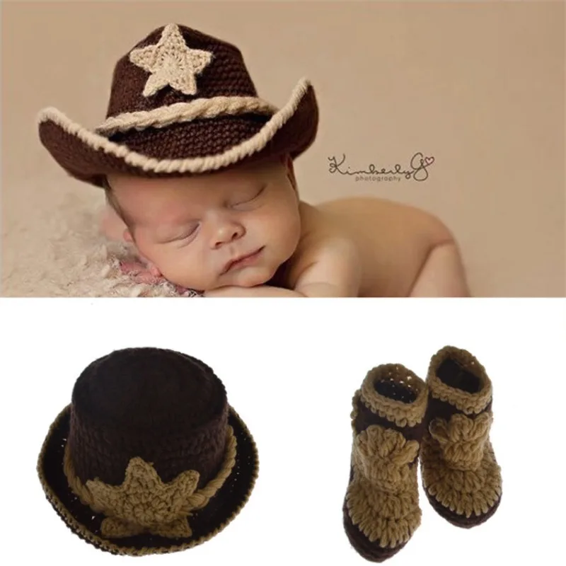 Baby Western Cowboy Costume Hand Knitted Hat Boots Set Newborn Photography Outfits Baby Boy Outfit