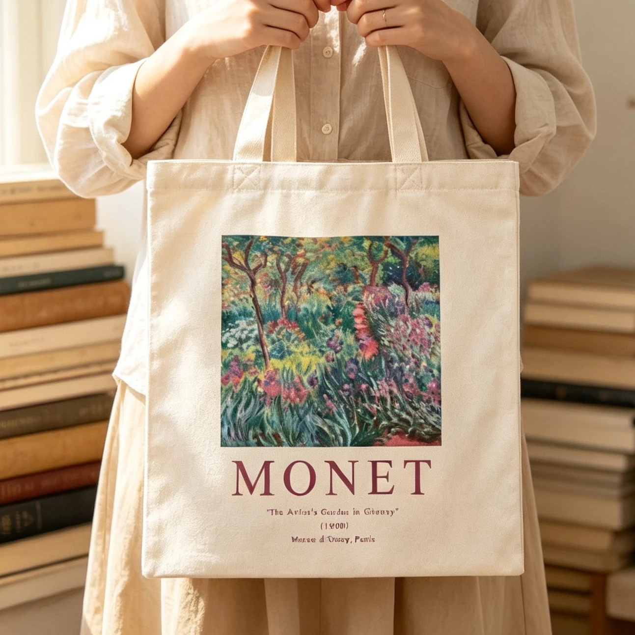 Canvas Tote Bag Monet The Artist's Garden in Giverny Vintage Oil Painting Aesthetic Art Shoulder Handbag