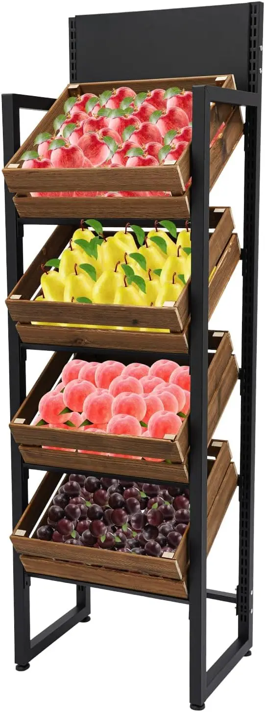 4-Tier Wood Fruit Vegetable Storage Basket Stand, Market Retail Display Rack Versatile Utility Shelf Rack Tiered Storage Shelves