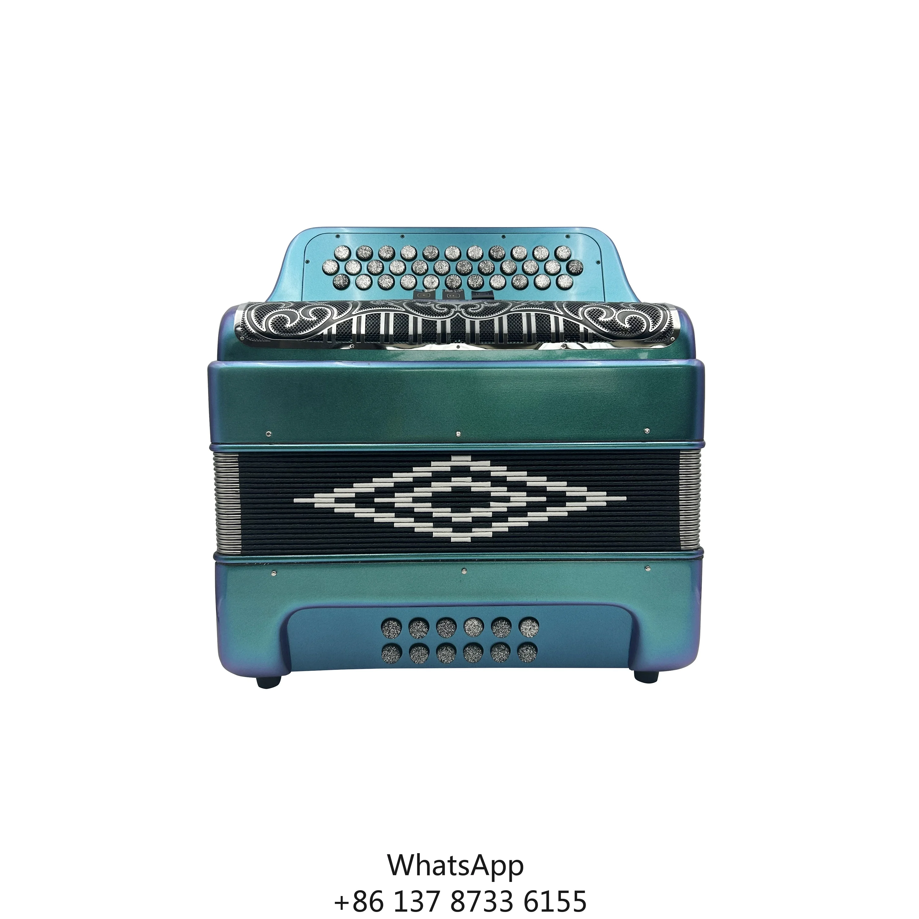 

JB3412C Diatonic Accordion 34 Buttons 12 Bass 3 Registers Green Chameleon Body Black Silver Grill Silver Buttons 3412C Acordeon