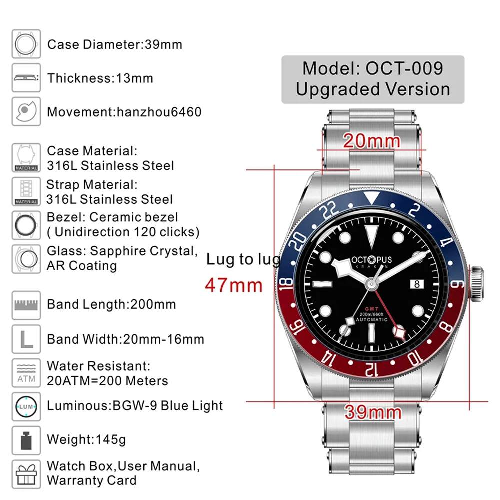 Octopus Kraken New 39mm Automatic Mechanical HangZhou6460 GMT Watch Stainless Steel Sport Watch Sapphire Luminous Waterproof