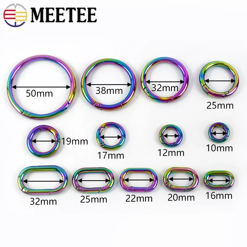 Meetee 5/10Pcs 10-50mm Rainbow Spring Metal O Ring Buckle Carabiner Snap Clip Keychain Clasp Clothes Bags Rings Hook Accessories